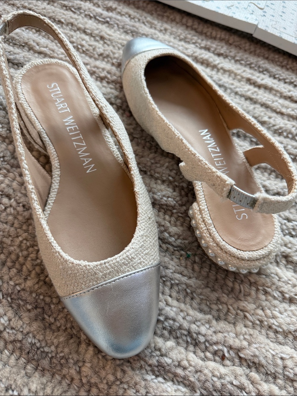 Stuart Weitzman Cream Slingback Flats with Silver Cap Toe and Pearl Heel Trim